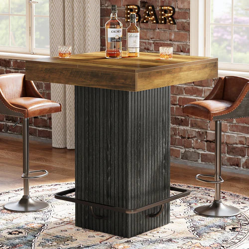 31.5" Square Bar Table Industrial Counter Height Dining Table with Metal Footrest Heavy Duty Pedestal Base Rustic Brown
