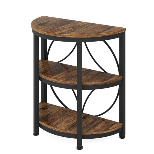 23.62" Half-Round End Table, 3-Tier Narrow Side Table with Metal Frame, Rustic Brown Half-Moon Sofa Table