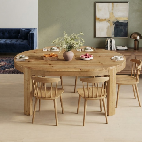 Dining Table 55" Oval Solid Wood Kitchen Dinner Table for 4-6 People with Thick Support Legs and Natural Wood Finish Brown