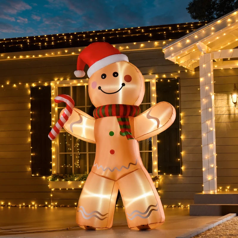 HOMCOM 8FT Inflatable Christmas Gingerbread Man with Candy Cane, Outdoor Blow Up Yard Decoration with LED Lights