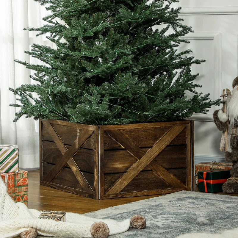 HOMCOM 28" Farmhouse Wooden Christmas Tree Base Cover – Rustic Tree Collar Box with Light Distressed Wood Finish for Holiday Decoration
