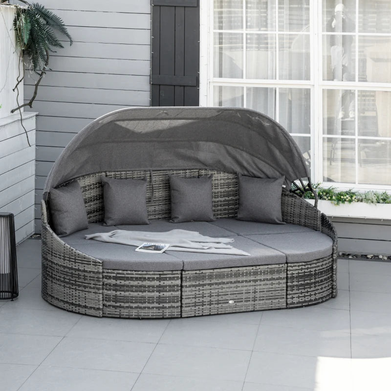 Outsunny 4 Pieces Patio PE Wicker Round Daybed, Outdoor Rattan Garden Lounge Furniture Sets, Grey