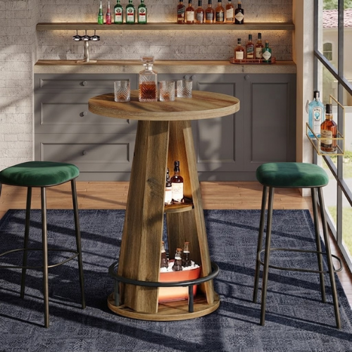 Bar Table 39.4" 3-Tier High Top Bistro Cocktail Pub Table with Metal Footrest and Storage Shelves Rustic Brown