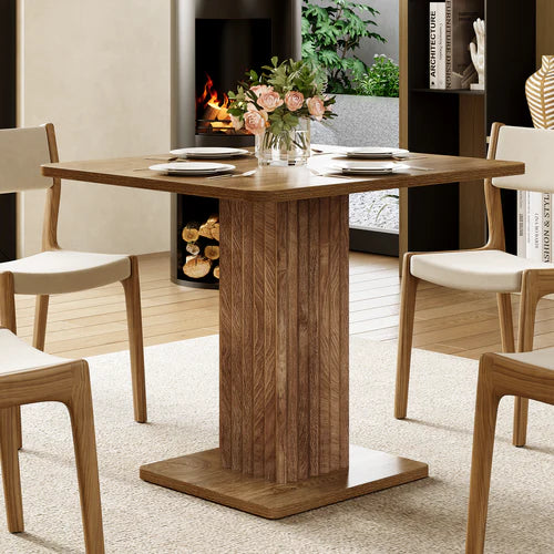Dining Table 35.43" x 31.5" Farmhouse Kitchen Table for 2-4 People with Fluted Pedestal Base and Thick Tabletop Rustic Wood