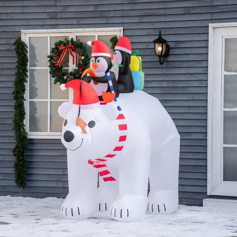 HOMCOM 7ft Inflatable Christmas Decoration – Polar Bear & Two Penguins with Santa Hat, Easy Setup Holiday Yard Blow-Up Decor