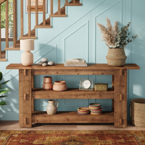 Console Table 63" Solid Wood Farmhouse Sofa Table Behind Couch with 3-Tier Storage Shelves and Heavy Duty Design Rustic Brown
