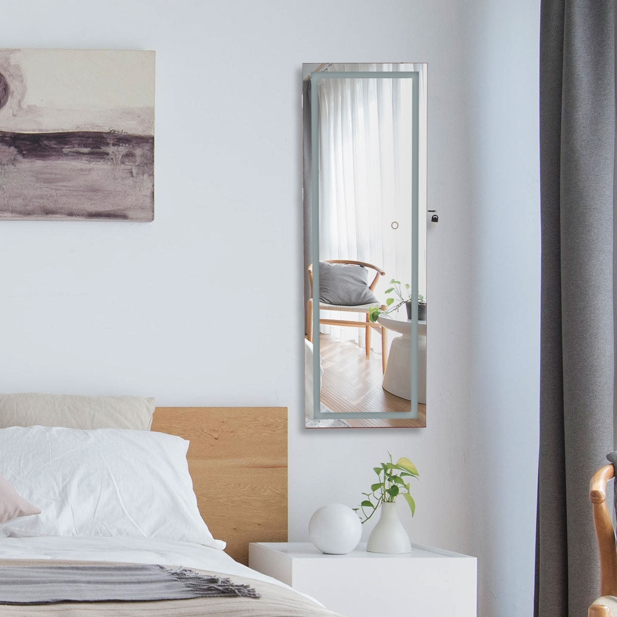 Door Wall Mount Touch Screen Mirrored Jewelry Cabinet-BrownÂ