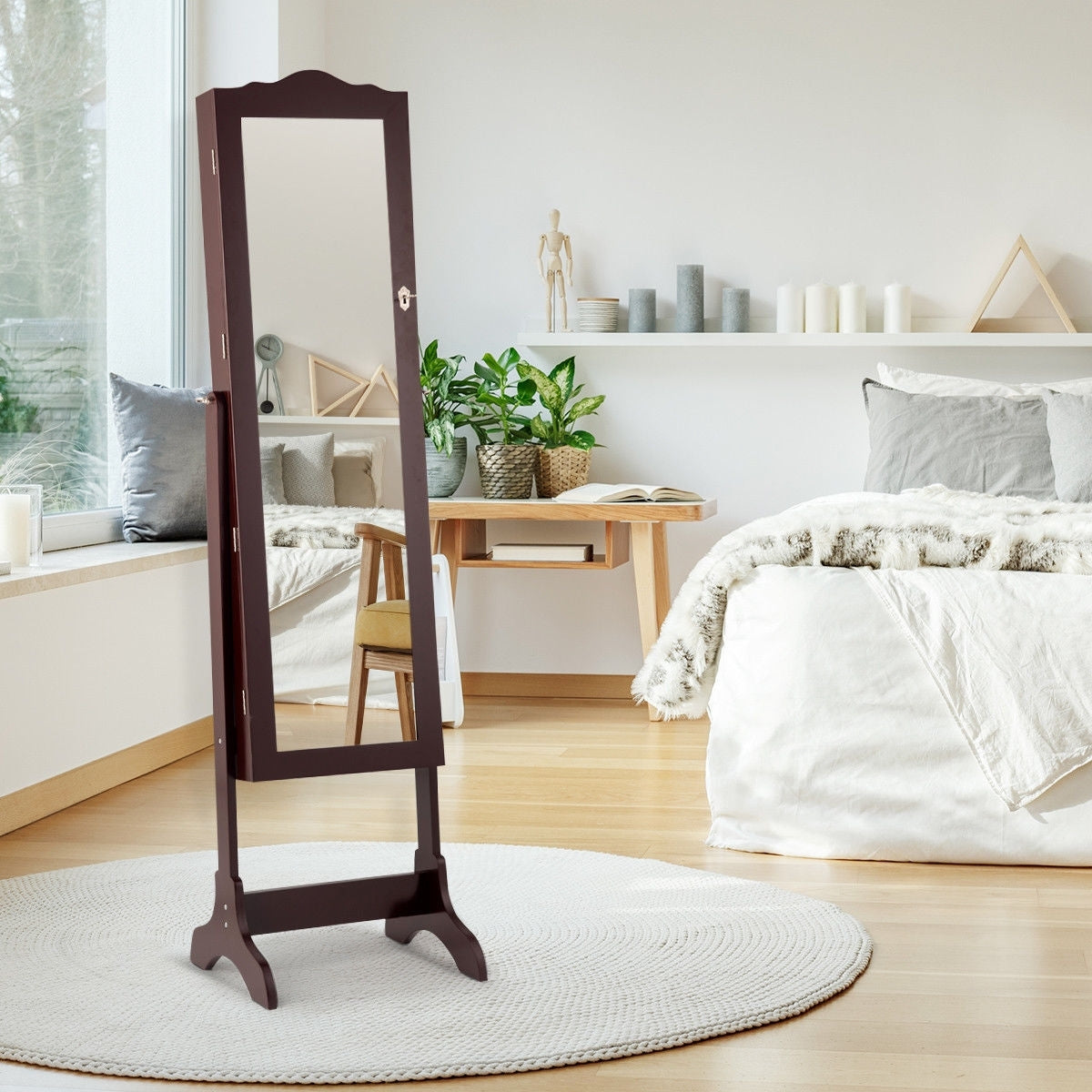 Mirrored Jewelry Cabinet Storage With Drawer And Led Lights -CoffeeÂ