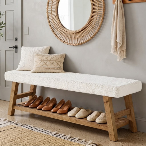 55" Upholstered Entryway Bench, 2-Tier Shoe Storage Bench with Solid Wood Frame and Cushion, White & Brown