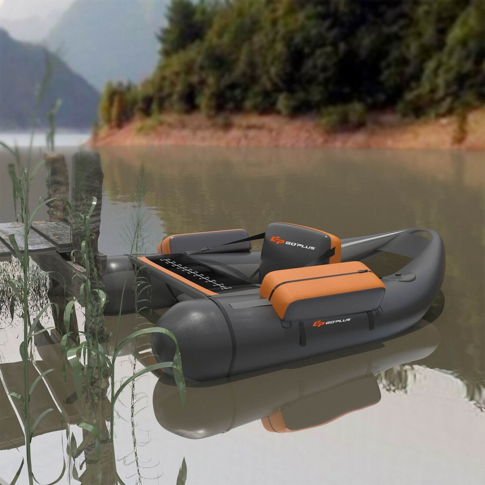 Inflatable Fishing Float Tube with Pump Storage Pockets and Fish Ruler-GrayÂ