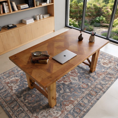 Computer Desk 63" Solid Wood Herringbone Parquet Top Executive Office Desk Brown