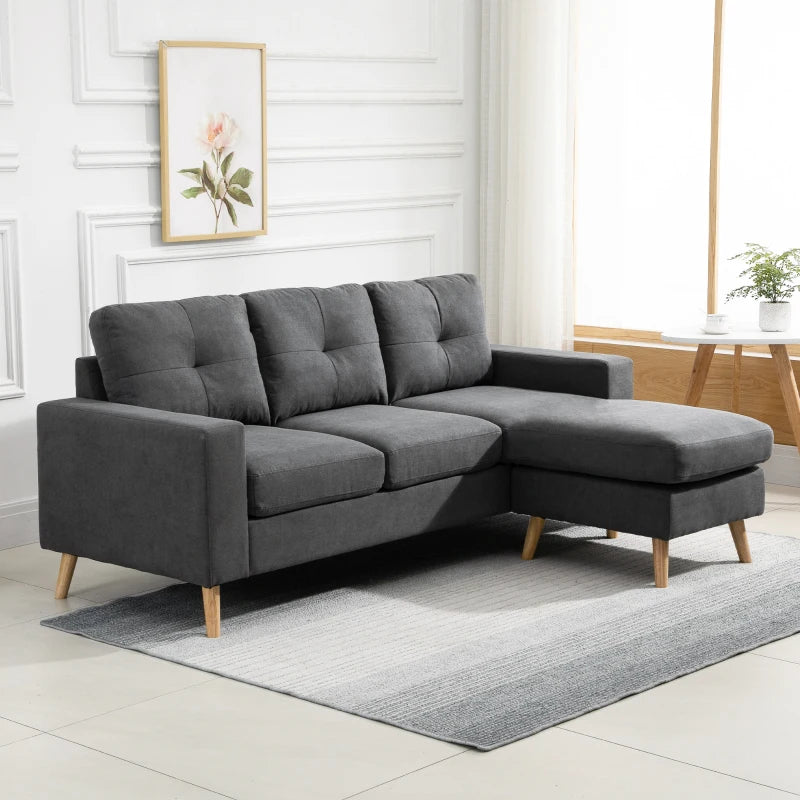 HOMCOM Sectional Sofa Couch, L Shaped Couch with Reversible Chaise, Wooden Legs for Living Room, Bedroom, Dark Grey