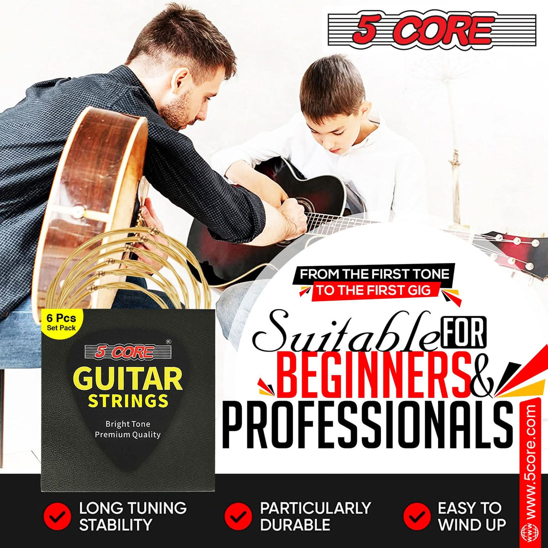 5Core Acoustic Guitar Strings 0.010-0.047 Steel Gauge Heavy Duty w Bright Tone For 6 String Guitars (Copy)
