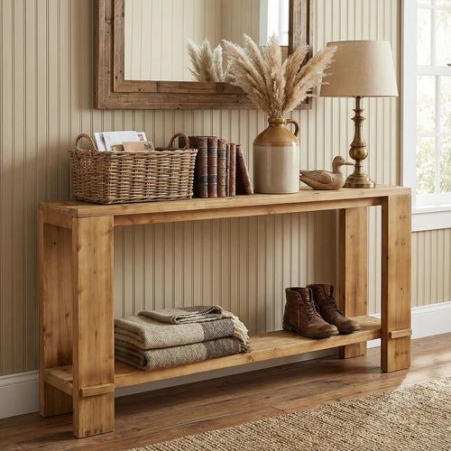 70.9" Solid Wood Console Table, 2-Tier Farmhouse Entryway Sofa Table for Hallway Natural Fir Wood