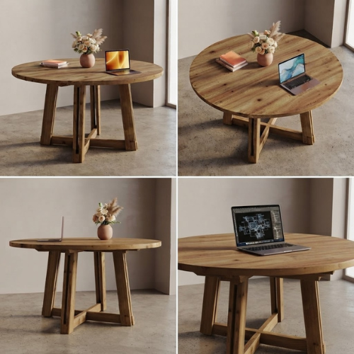 Conference Table 47" Solid Wood Round Meeting Table with Thickened Tabletop and Cross Base Design Brown
