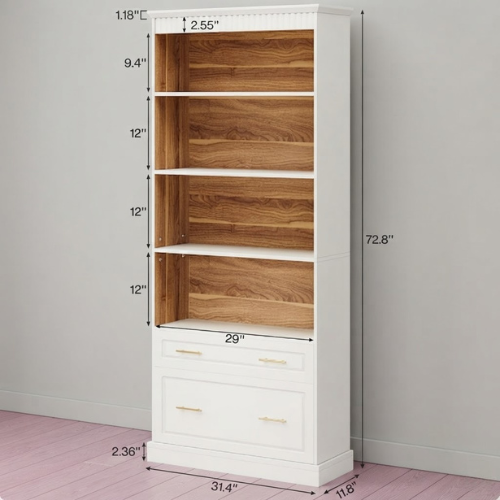 Bookshelf 72" 5-Shelf Bookcase with Drawers Freestanding Display Shelf White