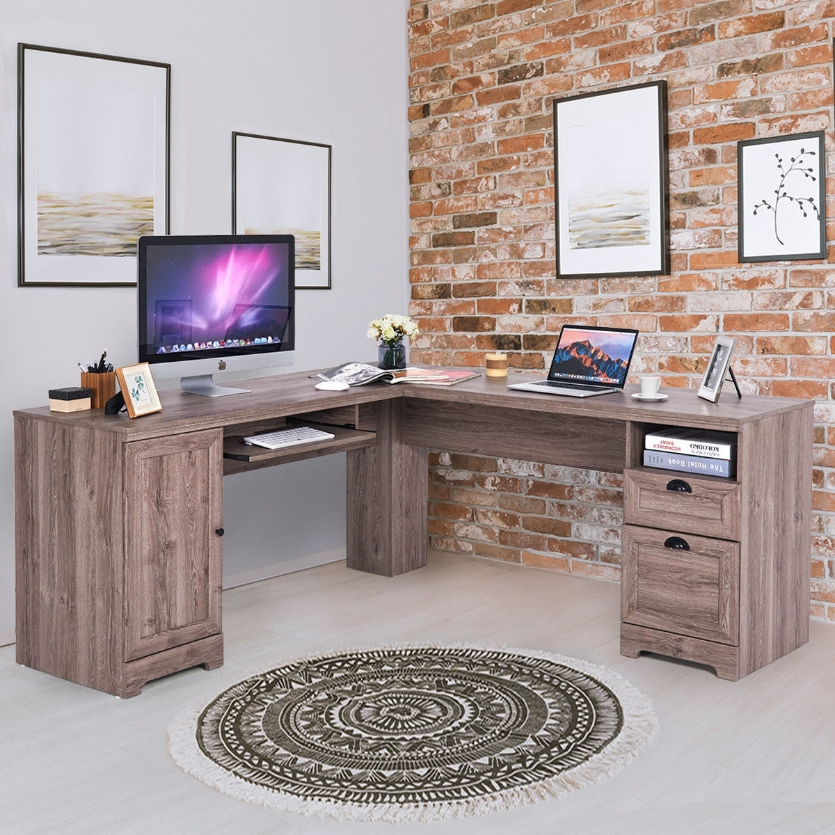 66 Inch L-Shaped Writing Study Workstation Computer Desk with Drawers-GrayÂ