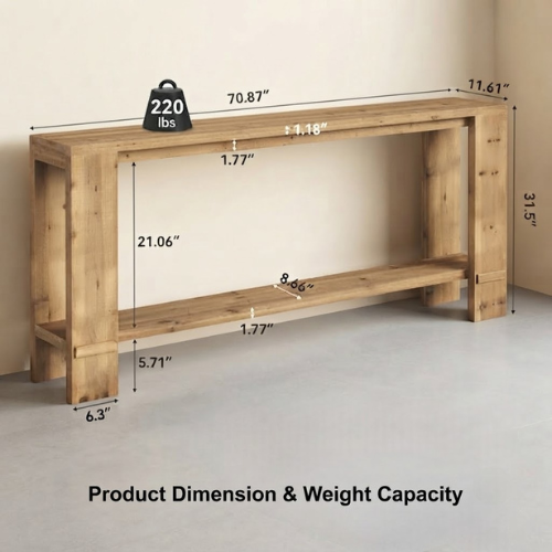 70.9" Solid Wood Console Table, 2-Tier Farmhouse Entryway Sofa Table for Hallway Natural Fir Wood