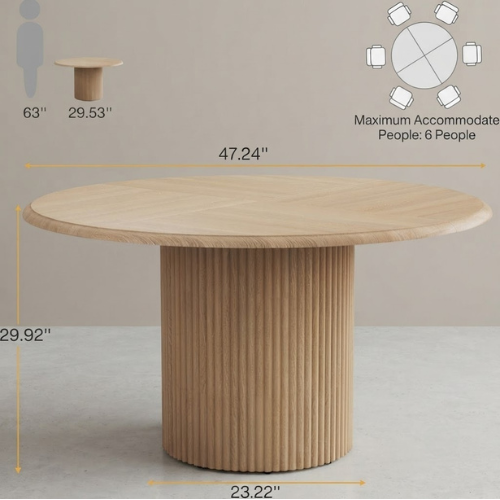47" Round Conference Table with Fluted Metal Base, Meeting Table for 4–6 People, Modern Office Desk Light Brown
