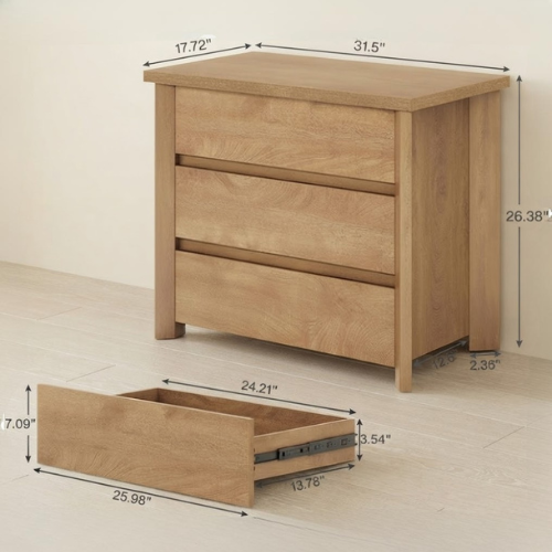 Nightstand 31.5" Farmhouse Bedside Table with 3 Storage Drawers, Engineered Wood, Rustic Brown