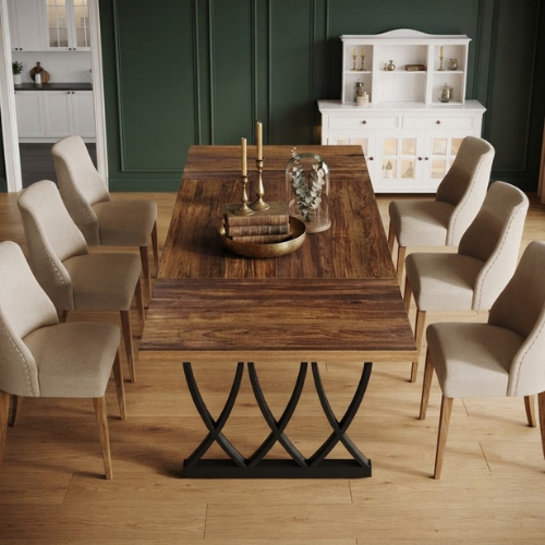 70.8" Dining Table, Rectangular Kitchen Table for 6–8 People with Trestle Base, Industrial Wood Dining Table Brown & White