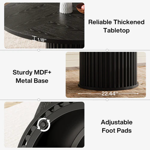 47" Round Dining Table, Wood Kitchen Table with Sturdy Fluted Metal Base, Modern Black Dining Table for 6 People