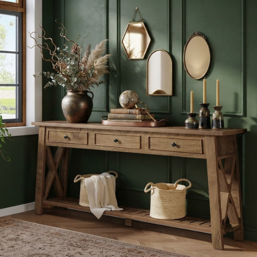 70.8" Console Table with 3 Storage Drawers, Long Sofa Table Behind Couch with Shelf, Farmhouse Entryway Table Brown