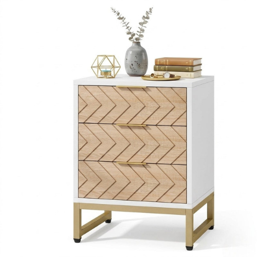 Modern 3-Drawer Nightstand with Metal Frame, Stylish Bedside End Table