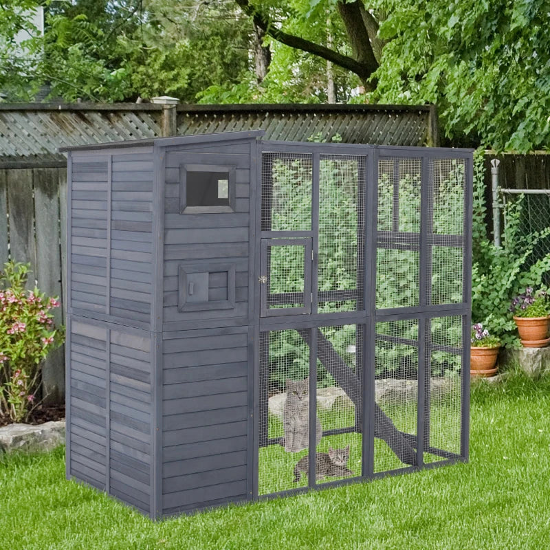 PawHut Outdoor Wooden Catio with 4 Tier Main House, Ramp, Platforms, Asphalt Roof, Ramps, Sliding Door, Window, Grey
