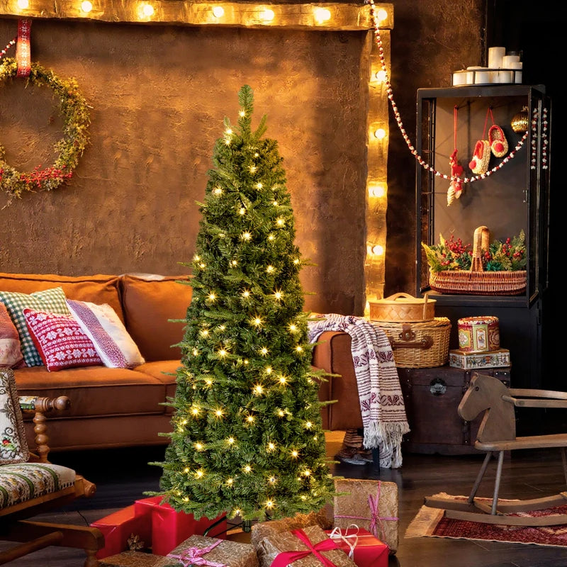 HOMCOM 7FT Prelit Pop Up Artificial Christmas Tree, Collapsible Green Xmas Tree with Warm White LED Lights and Metal Stand