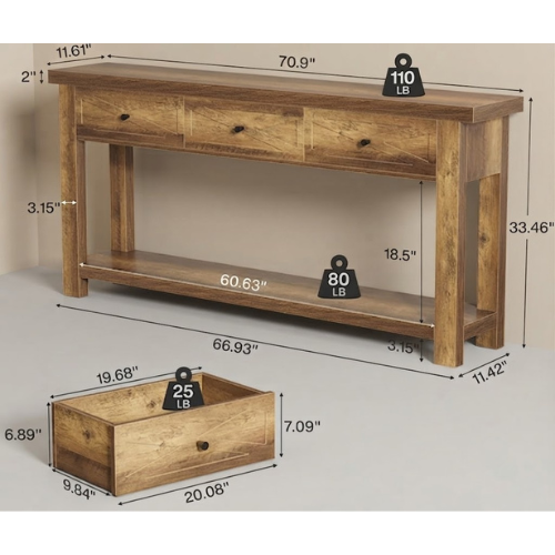 70.9" Farmhouse Console Table with 3 Drawers, Narrow Entryway Sofa Table with Storage Shelf Rustic Brown