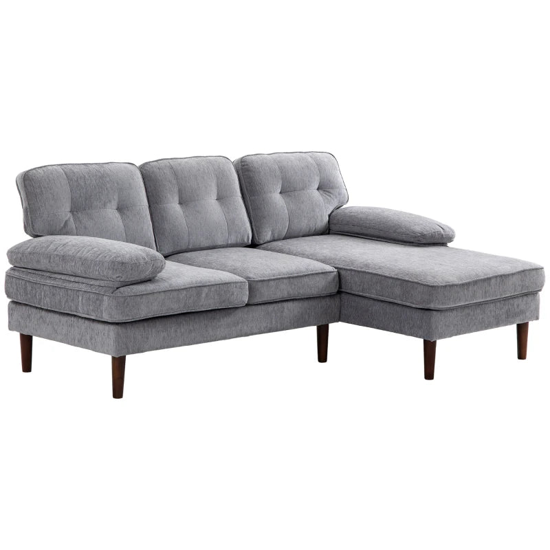 HOMCOM Modern Corner Couch with Right Chaise Lounge, Tufted 3-Seater Sofa with Wooden Legs for Living Room, Bedroom, Grey