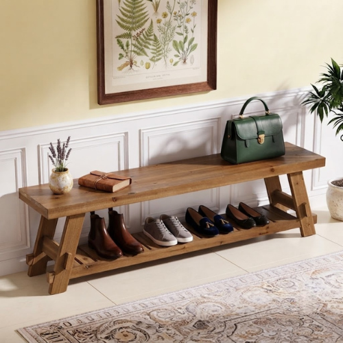 63" Solid Wood Shoe Bench 2-Tier Entryway Bench with Storage Shelf Heavy Duty Seating for Hallway Living Room Rustic Brown