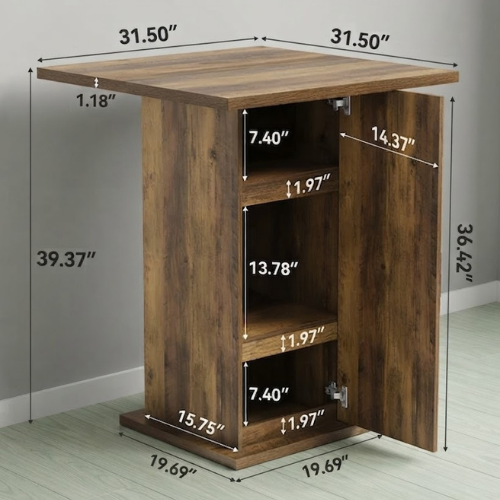 Bar Table 31.5" Square High-Top with Storage Cabinet Farmhouse Pub Table Brown