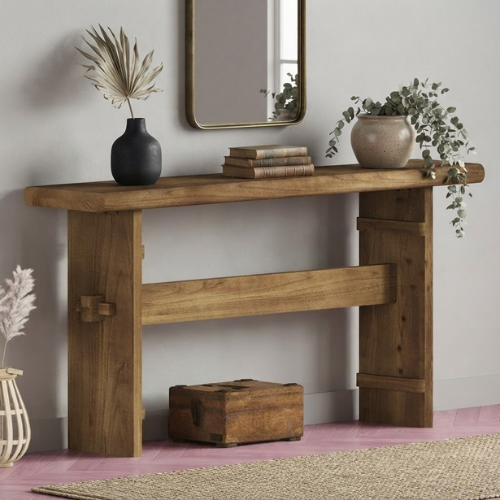 63" Solid Wood Console Table, Farmhouse Entryway Sofa Table Behind Couch Rustic Brown