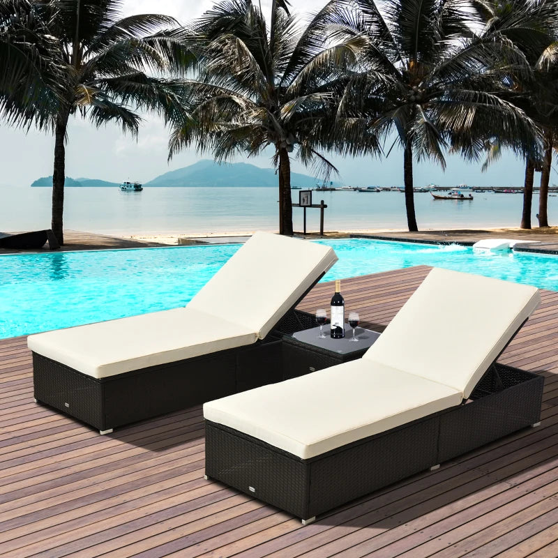 Outsunny 3pc Rattan Lounge Chair Set with Side Table Outdoor Patio Synthetic Rattan Wicker Sun Bed Set with Cushion