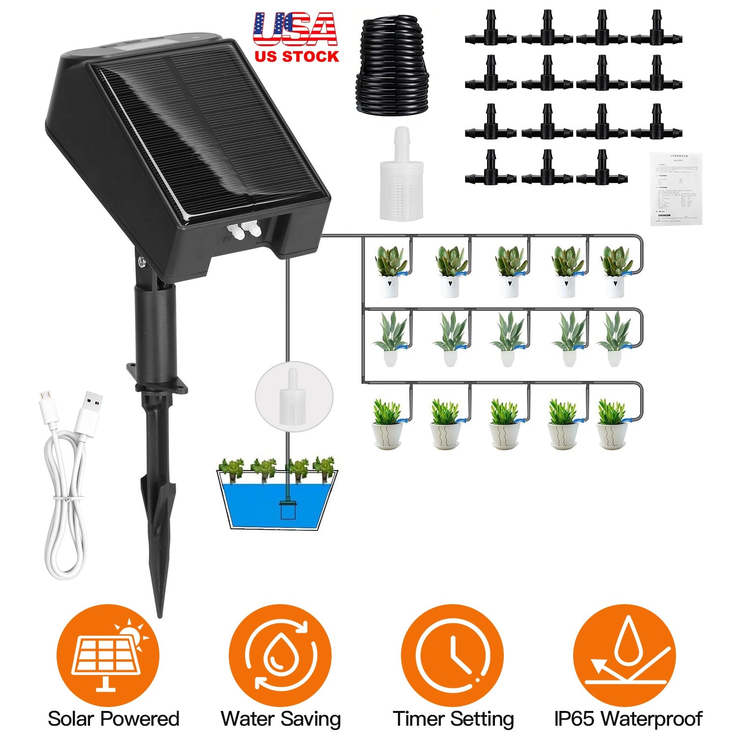 Automatic Solar Powered Drip Irrigation System Kit Rechargeable Plant Programmable Watering Timer Device Up to 15 Plants For Indoor Outdoor Patio Gard