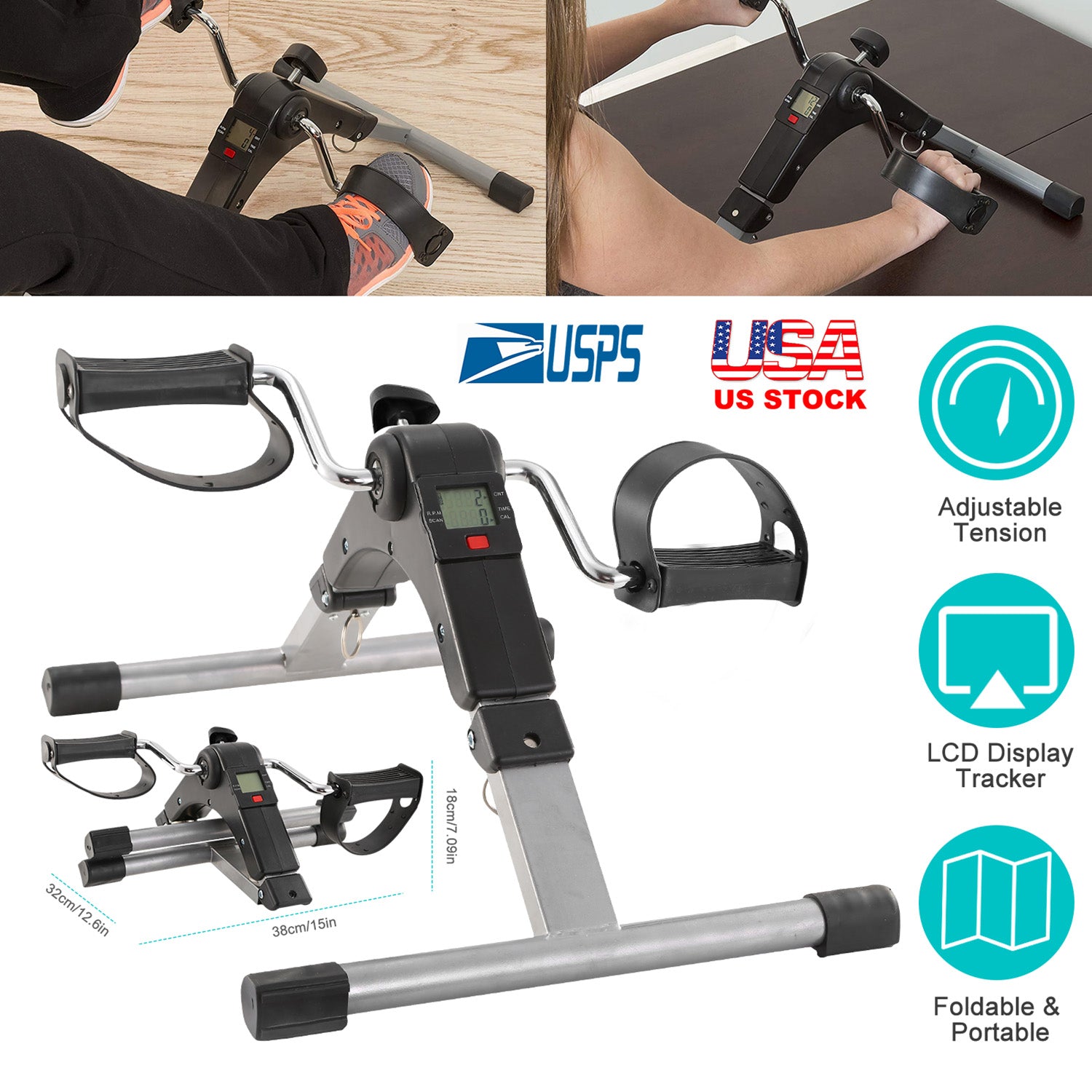 Foldable Exercise Bike Pedal Fitness Exerciser Cycle Bike w/ LCD Display Mini Pedal Exerciser for Leg Arm Physical Therapy Home Office Gym