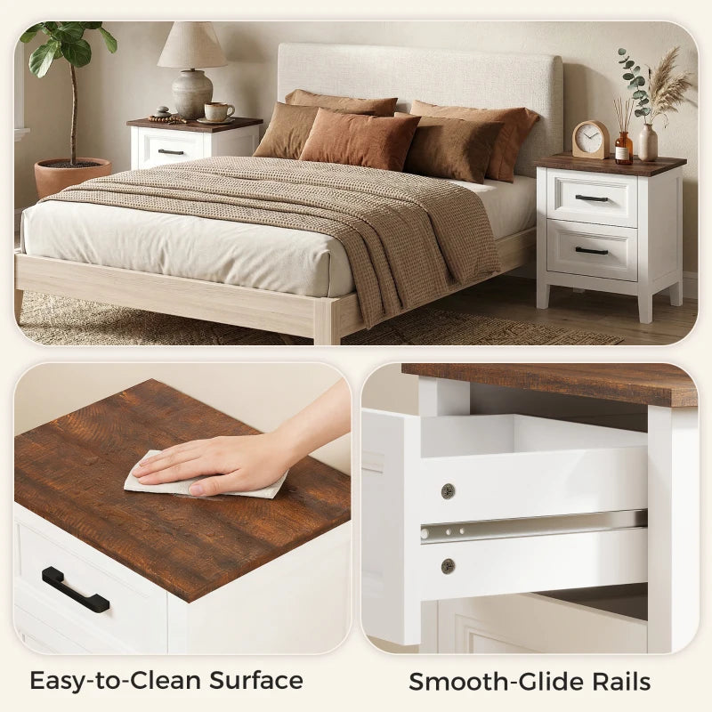 HOMCOM Farmhouse Nightstand Set of 2 with 2 Drawers, Wood-Effect Top Bedside Tables for Bedroom & Living Room – White