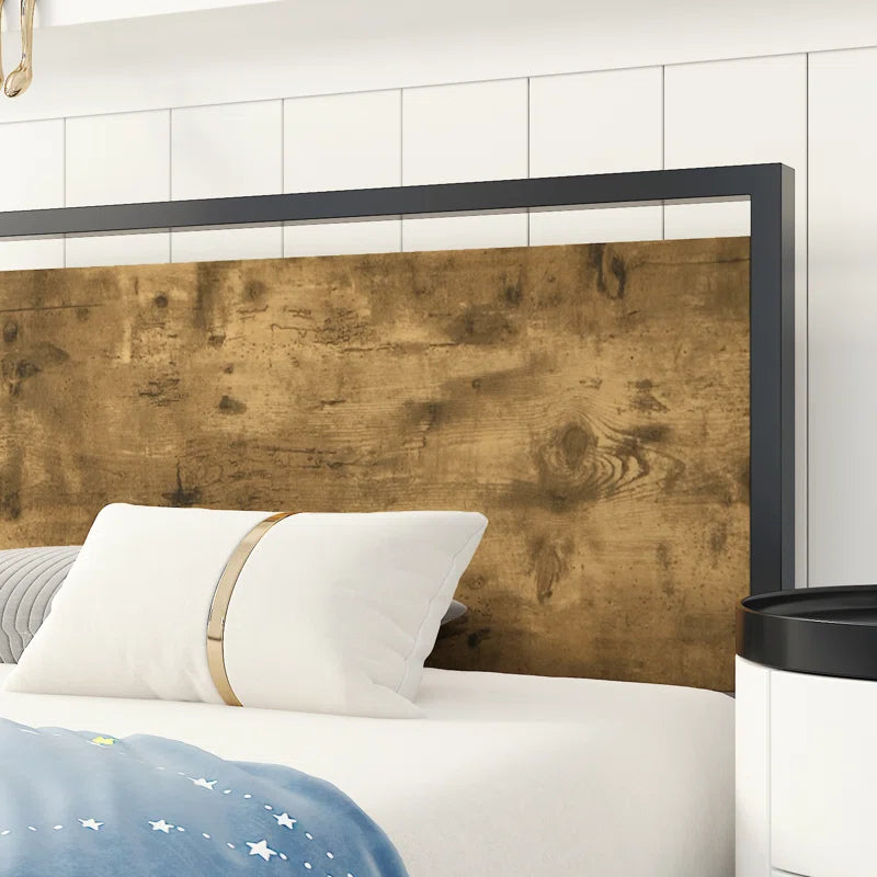 Fenham Black Metal Platform Bed with Industrial Wood Headboard