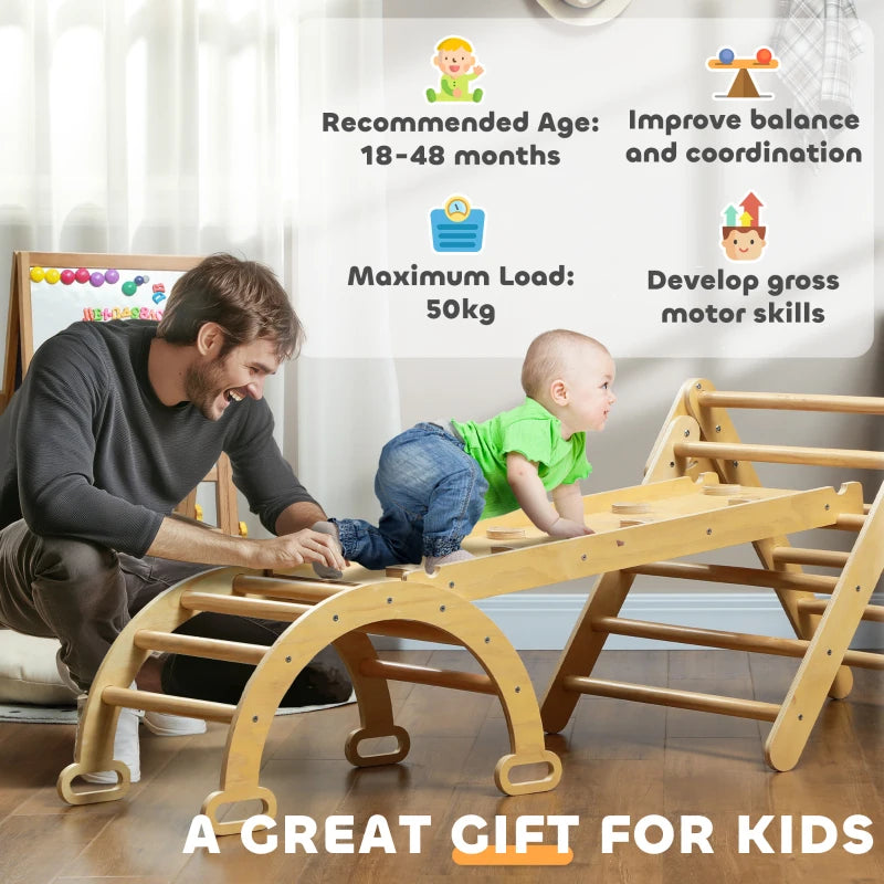 Qaba 5 in 1 Pikler Triangle Set with Ladder, Ramp, Arch, for 18-48 months, Nature Wood