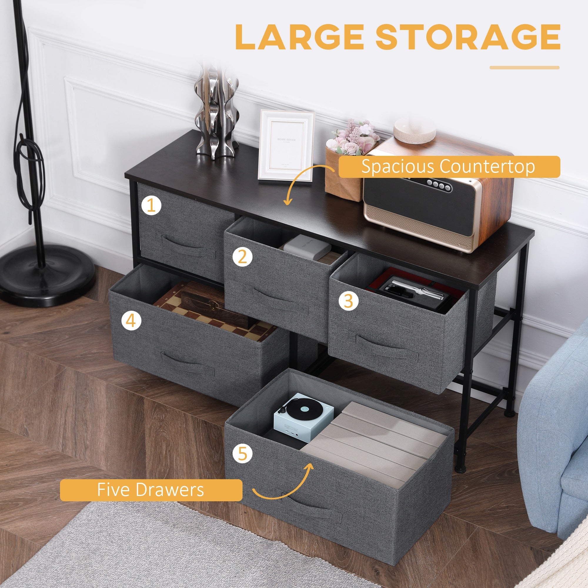 HOMCOM 5-Drawer Linen Storage Tower: Removable Fabric Drawers, Steel Frame for Living Spaces