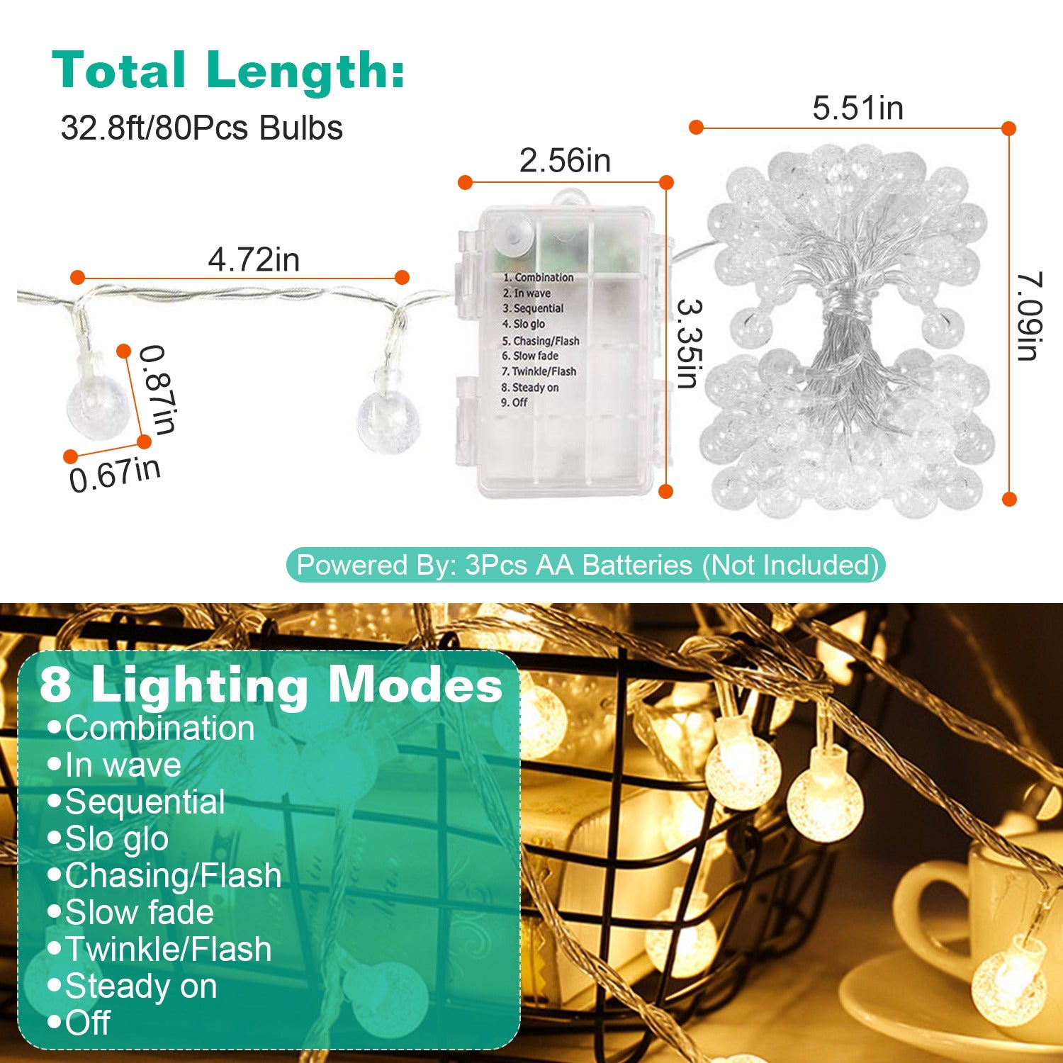 32.8Feet Globe String Lights Battery Powered Waterproof Decorative Fairy Lamp with 8 Lighting Modes Remote Control for Garden Lawn Patio