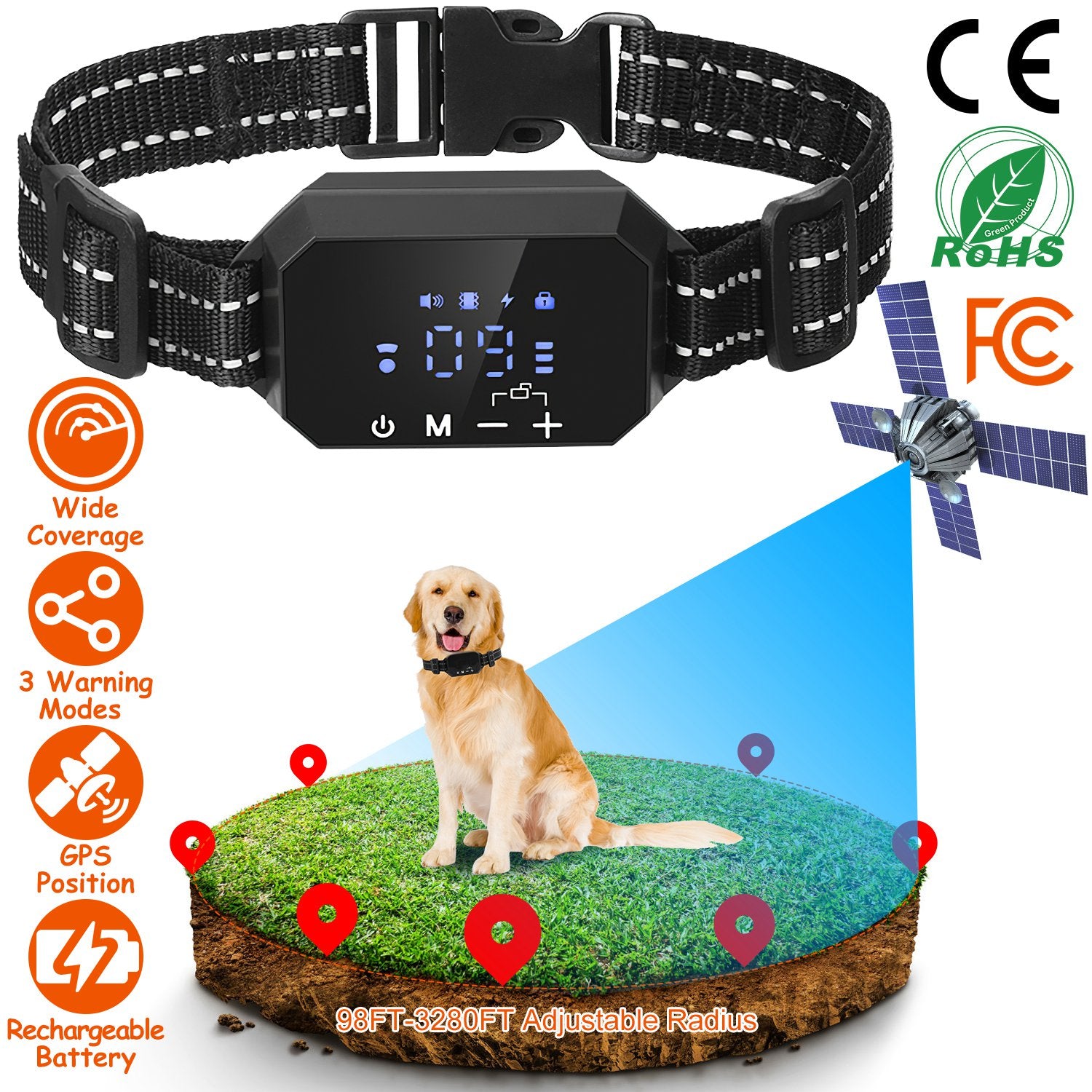 Wireless GPS Dog Fence Rechargeable Waterproof Electric Dog Collar 98-3280FT Adjustable Radius Pet Containment System Outdoor for Large Medium Dogs