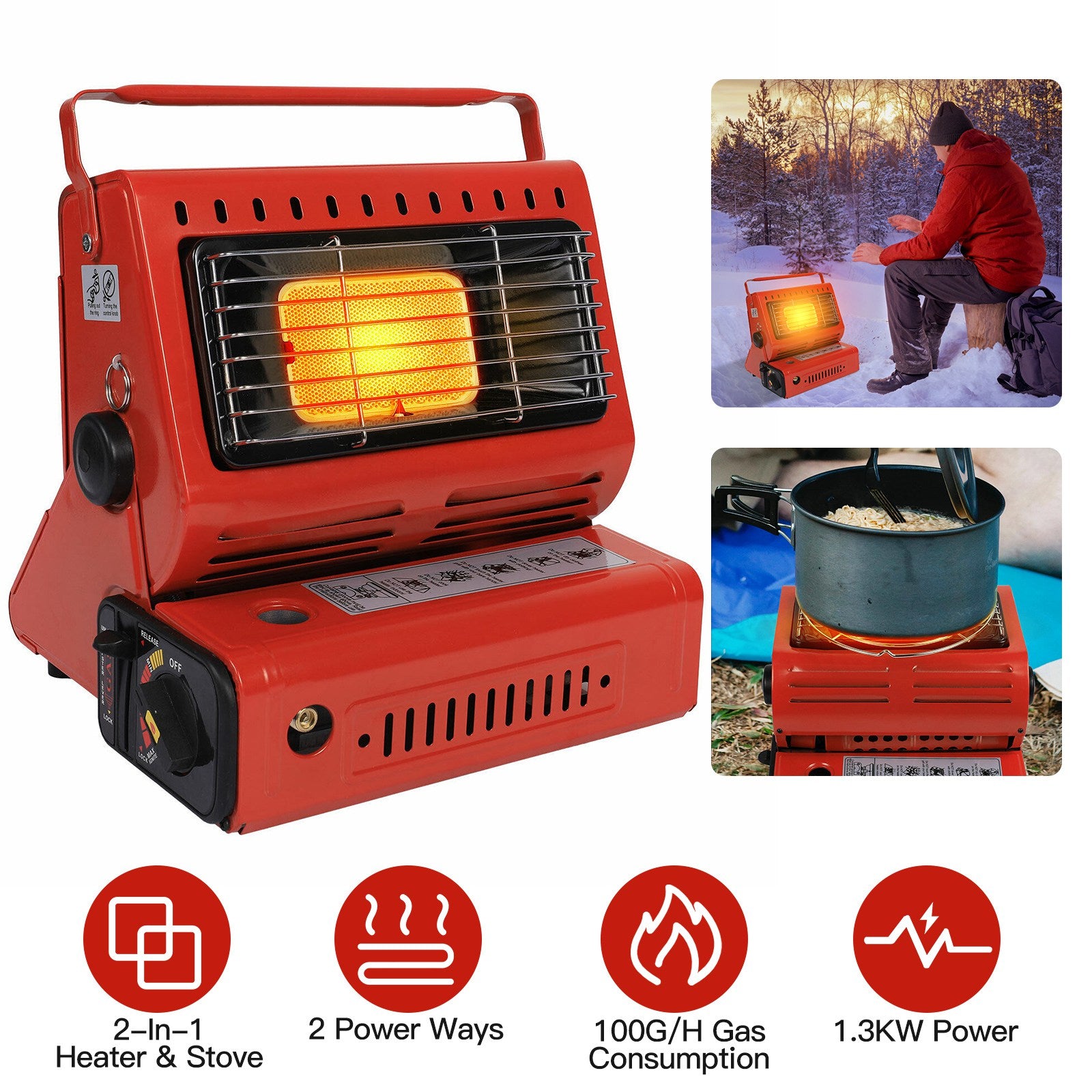 2 in 1 Portable Butane Burner Heater Outdoor Butane Gas Heater Warmer Heating Cooking Stove Cooker for Camping Fishing RV Travel