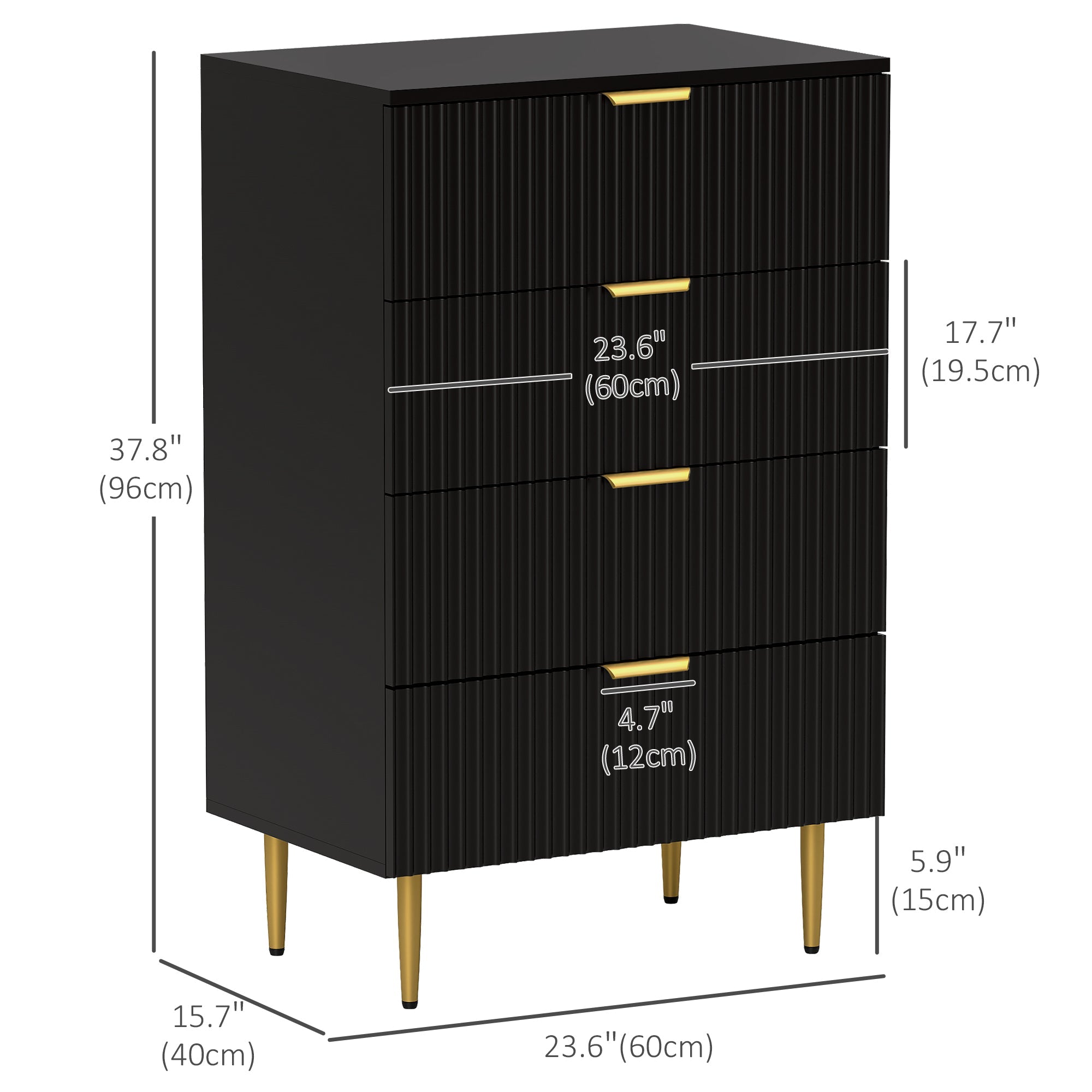 HOMCOM Modern Chest of Drawers 4 Drawer Dresser for Bedroom with Gold Legs and Handles, Black