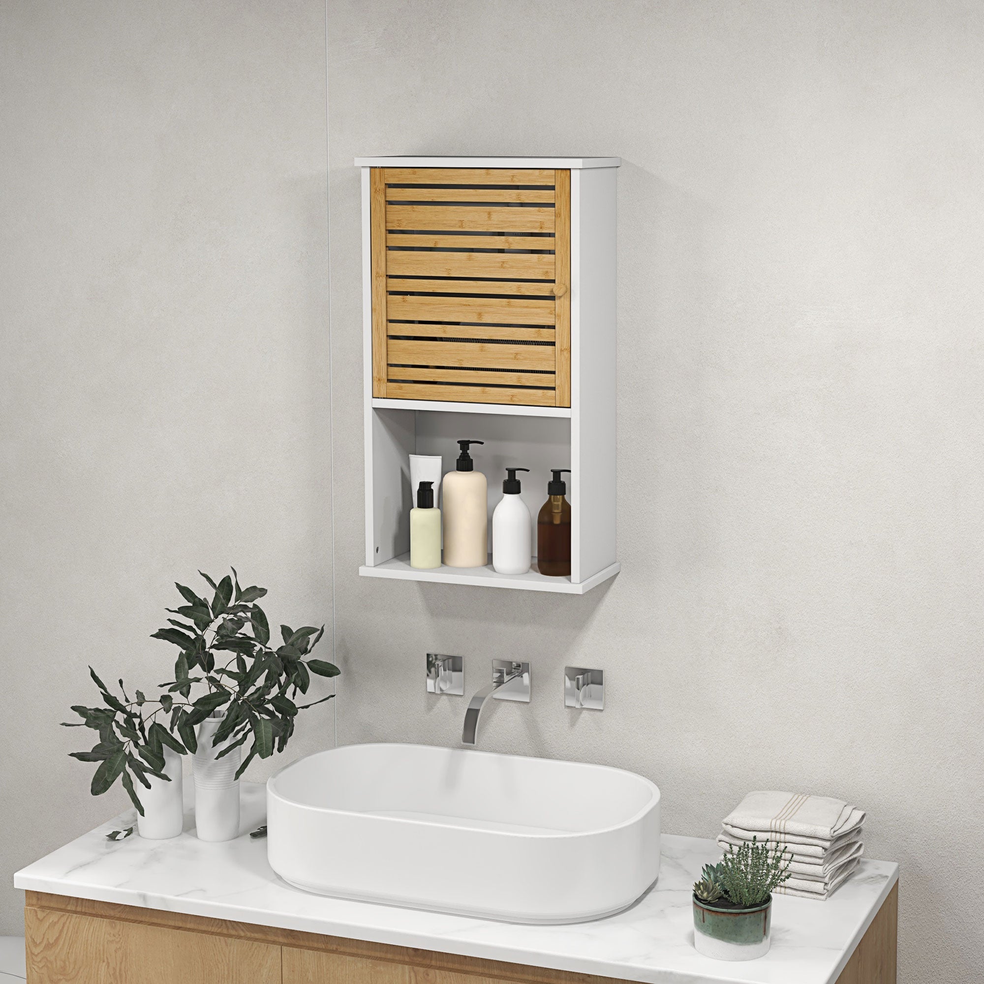 HOMCOM Wall Mounted Bathroom Cabinet Storage Bamboo Slat Door Adjustable Shelf White