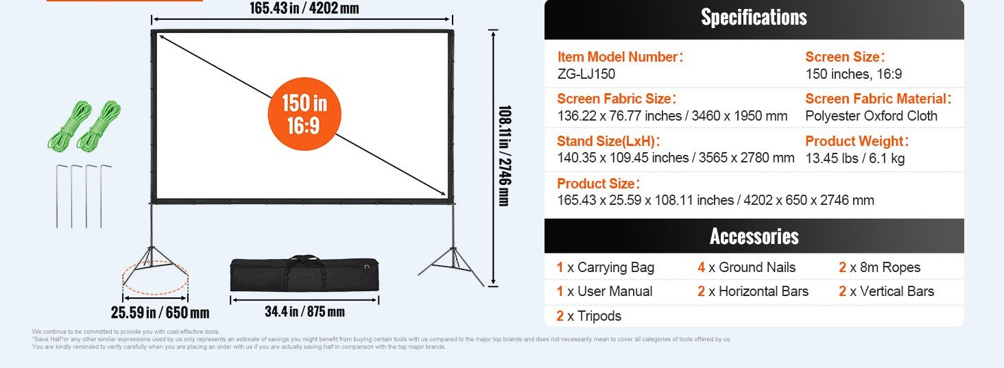 VEVOR Projector Screen with Stand, 150 inch 16:9 4K 1080 HD Outdoor Movie Screen with Stand, Wrinkle-Free Projection Screen with Tripods and Carry Bag