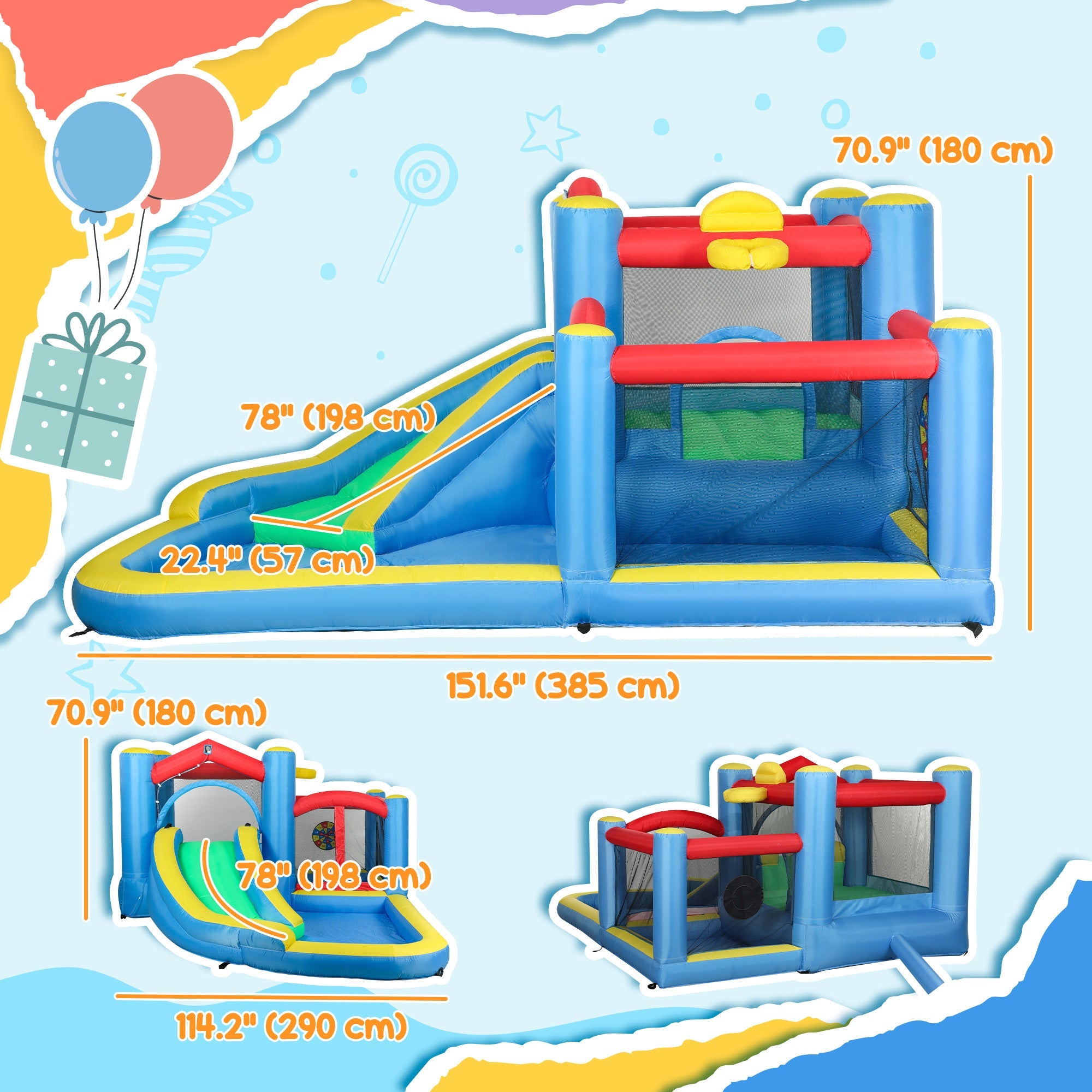 Qaba Bouncy Castle for Kids with 550W Blower, Water Slide, 2 Splash Pools, Basketball Hoop, Dart Board,12.6' x 9.5' x 5.9'