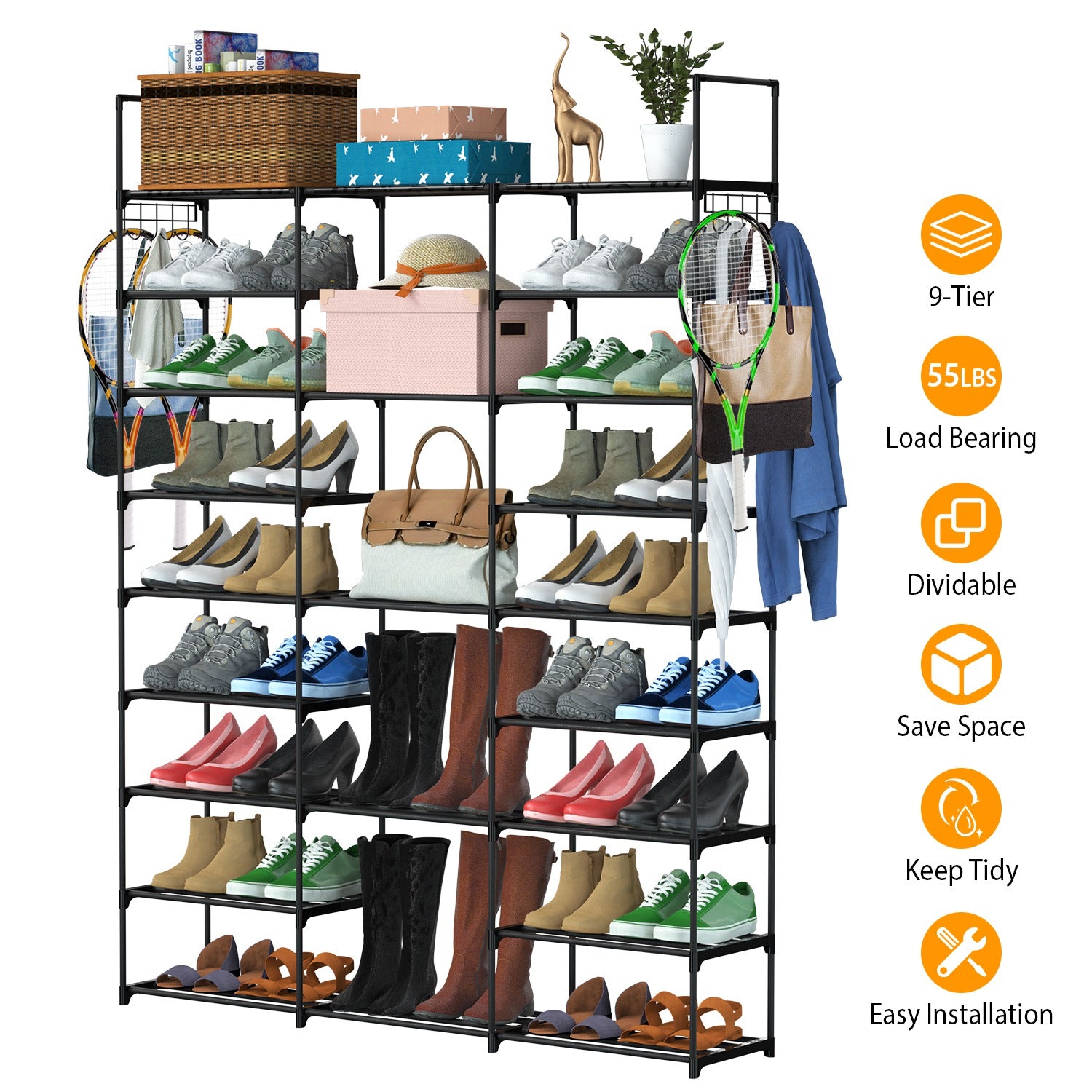 9 Tiers Shoe Rack Metal Shoe Storage Shelf Free Standing Large Shoe Stand 50-55 Pairs Shoe Tower Unit Tall Shoe Organizer with 2 Hooks for Entryway Cl